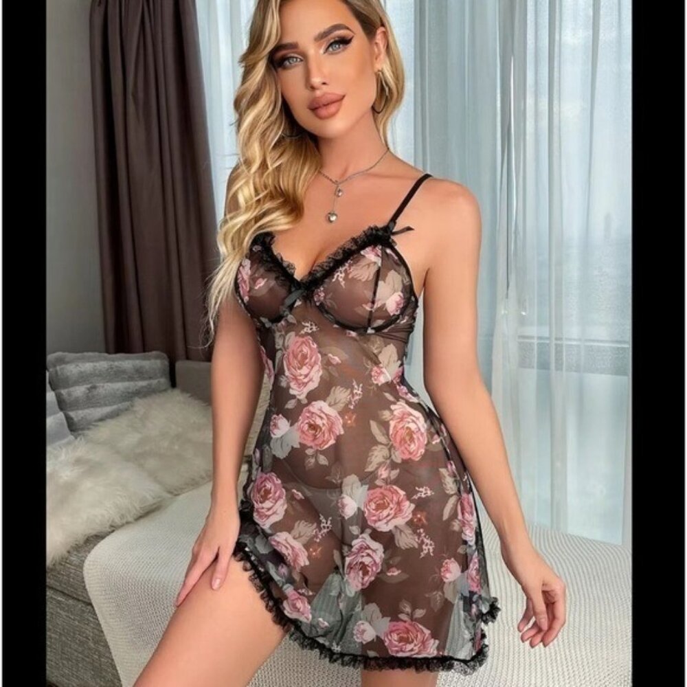 Floral Print Mesh Night Dress Gown Lingerie